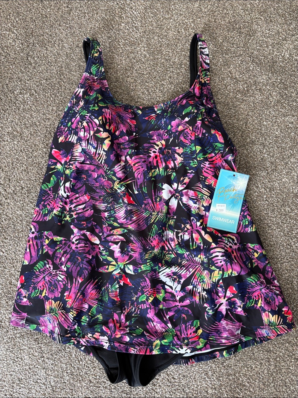 Tropical Floral Black & Pink Swim Tankini - Unbranded